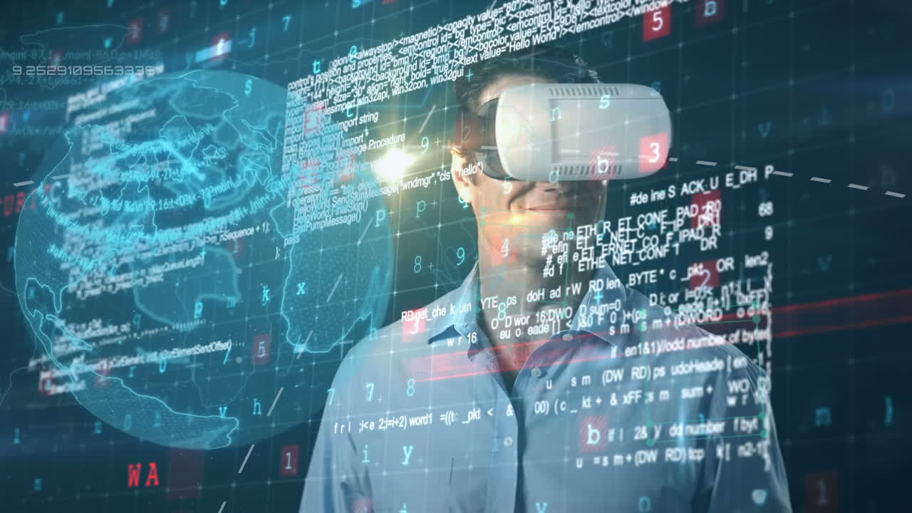 hombre usando auriculares de realidad virtual y globo digital