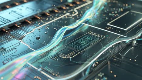 abstract digital circuit board with glowing data streams