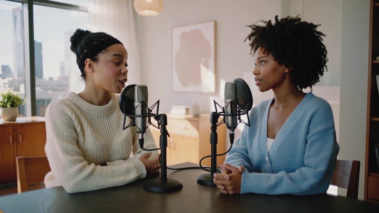 Due donne che si guardano negli occhi, in maglione e cardigan, iniziano un podcast in uno studio casalingo con microfoni.