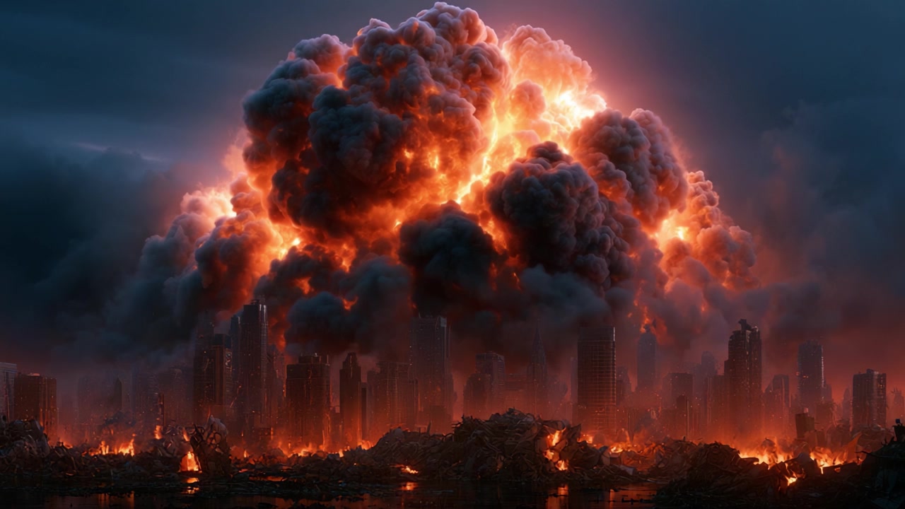 An apocalyptic scene unfolds as a cataclysmic explosion engulfs a city skyline, dark clouds and flames illuminating the horizon in a fiery display of destruction and chaos.