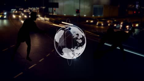 animation of globe and footballer silhouettes over fast speed traffic on city road at night