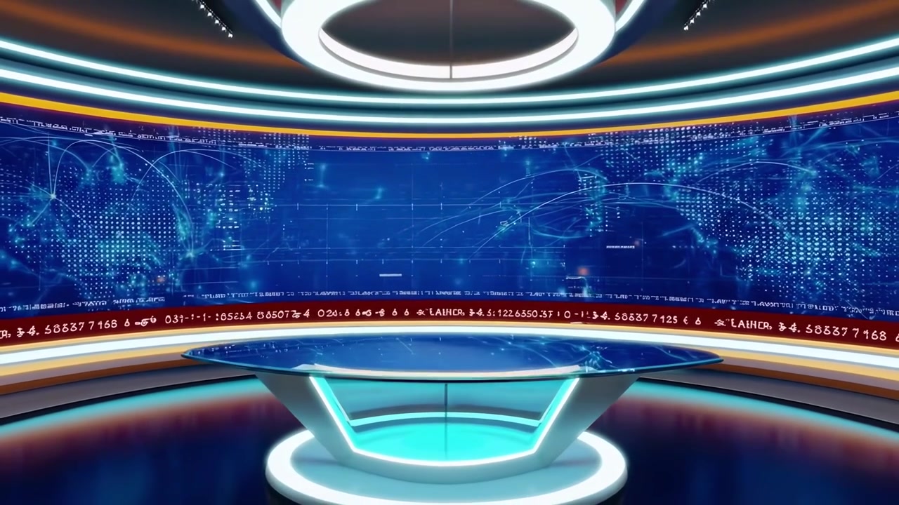 Modern Virtual News Studio with Digital World Map Background