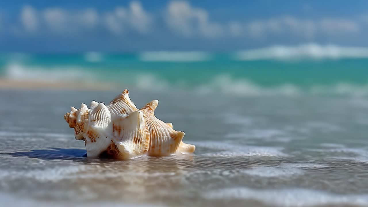 A Beautiful Shell on a Serene Beach Shore with Gentle Waves Lapping at the Sand, Capturing the Tranquility of Nature and Coastal Life