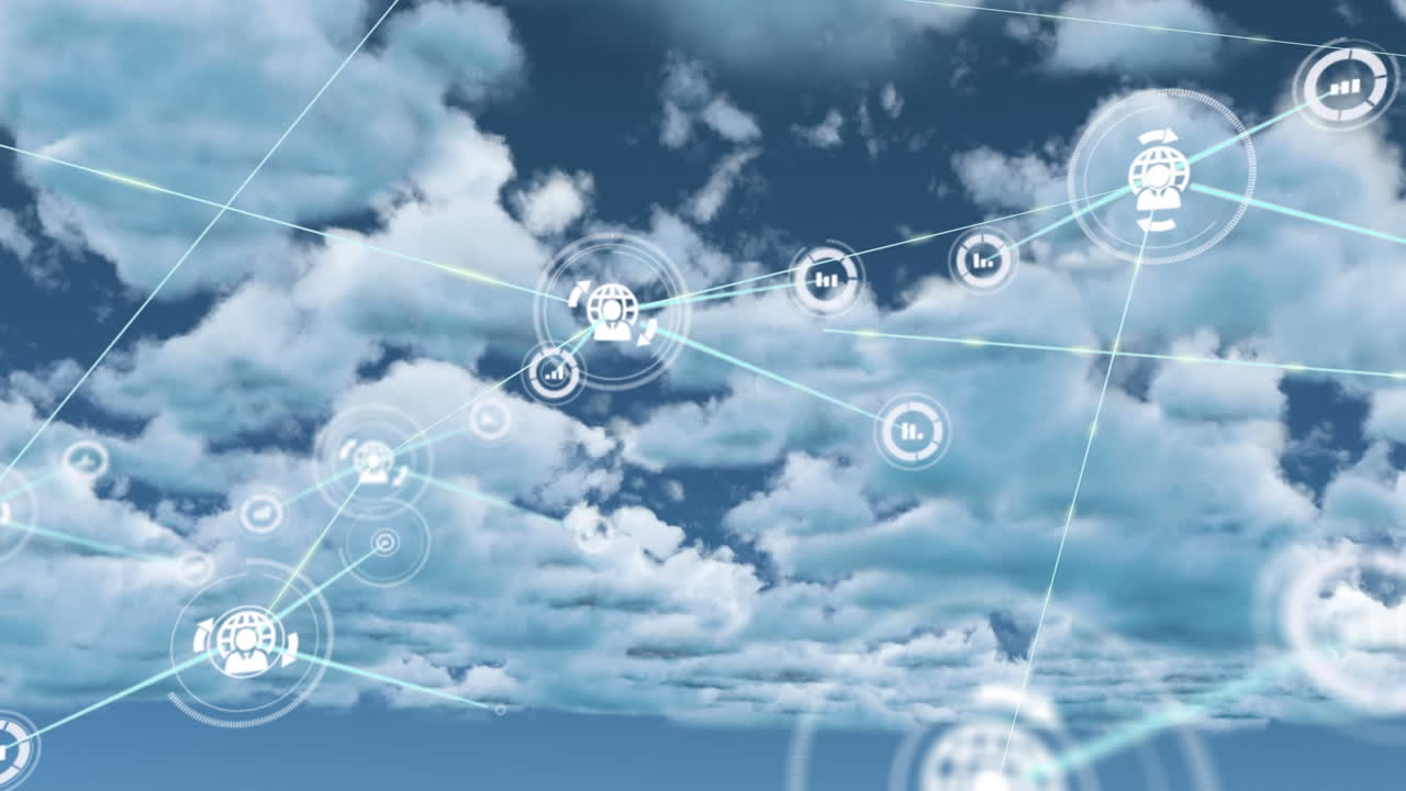 animación de una red de iconos de comunicación que intercambian datos sobre un cielo nublado azul