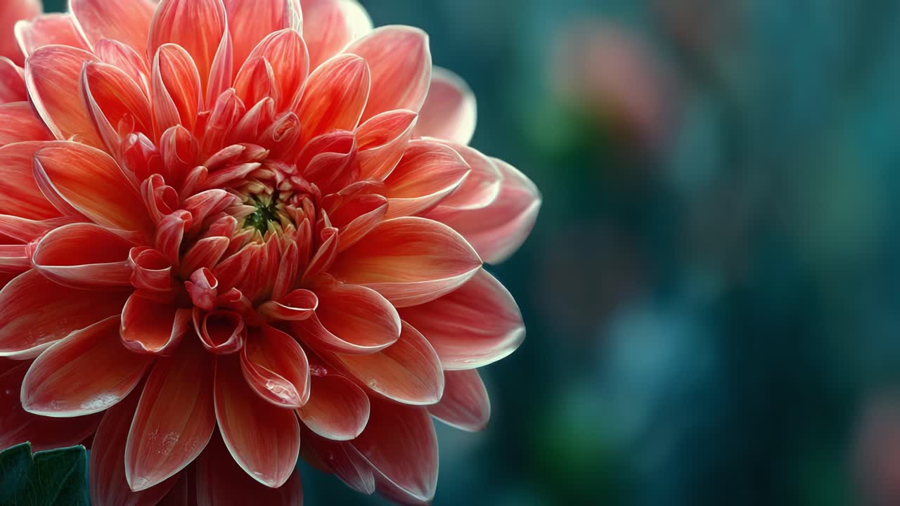 Affascinante crisantemo rosso in fiore in una luce delicata, che mette in mostra la struttura dei petali ed eleganti sfumature di colore su uno sfondo con messa a fuoco morbida