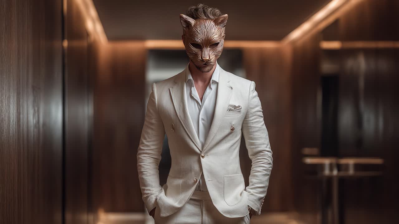 A Mysterious Figure in a Formal Suit and Animal Mask, Pondering in a Luxurious Hallway with Ambient Lighting