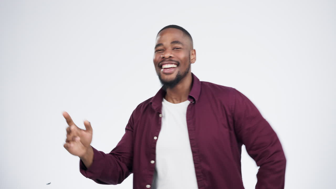 Dance, celebration or face of black man in studio