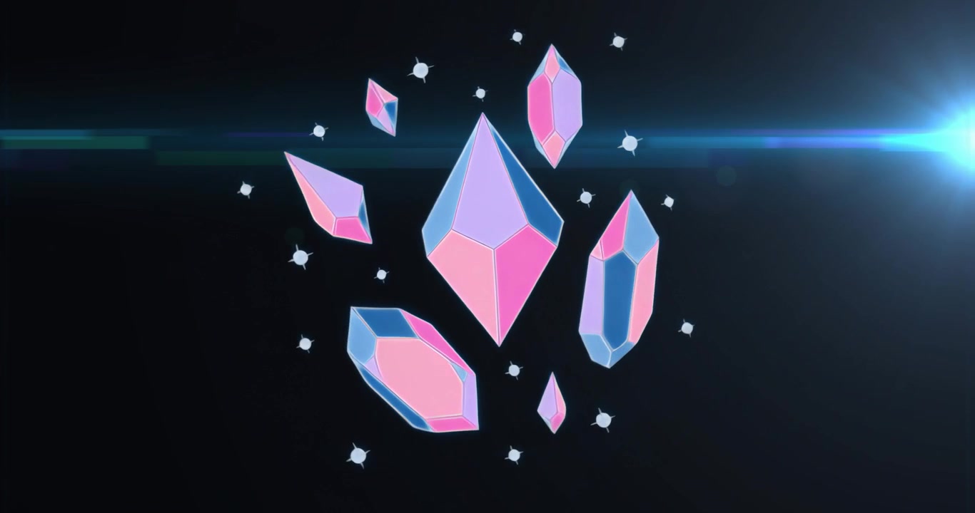 Crystal cluster rotating and drifting outward after lens flare then drifting inward for symmetry