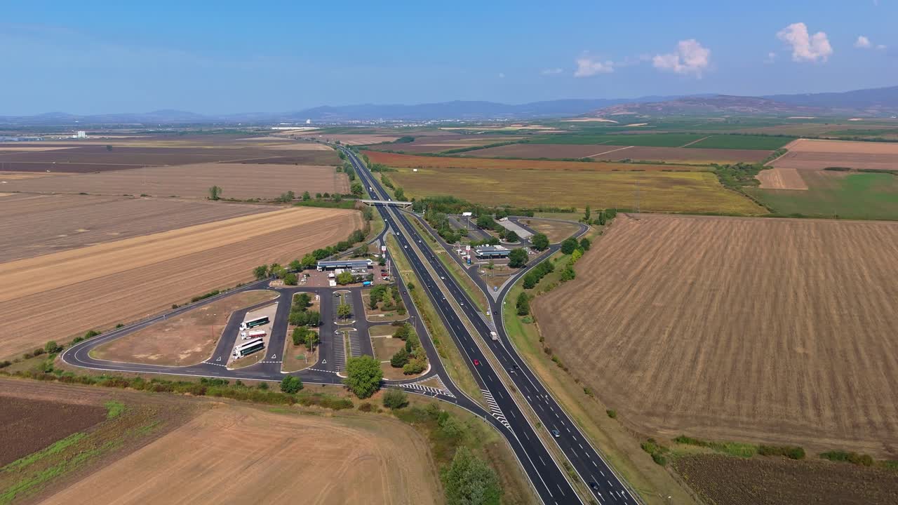 Aerial view from the petrol stations and traffic along the M3 highway near Karácsond in Hungary