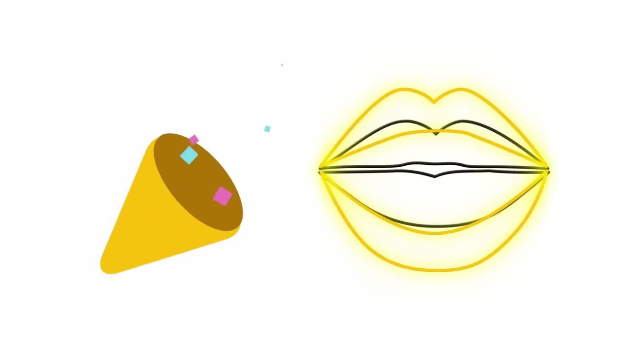Animazione digitale di un'icona di sparacoriandoli e icone di labbra giallo neon su sfondo bianco.