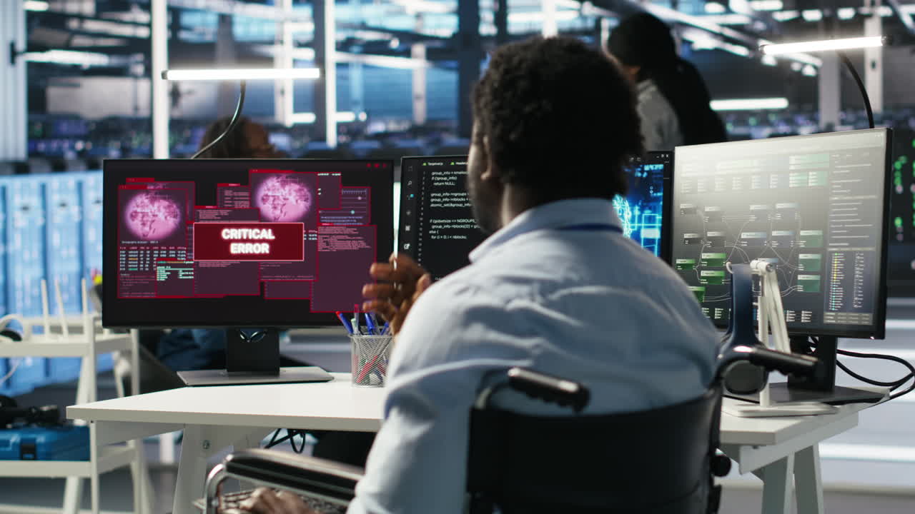 Overworked man in wheelchair upset by error, looking at server hub AI analytics
