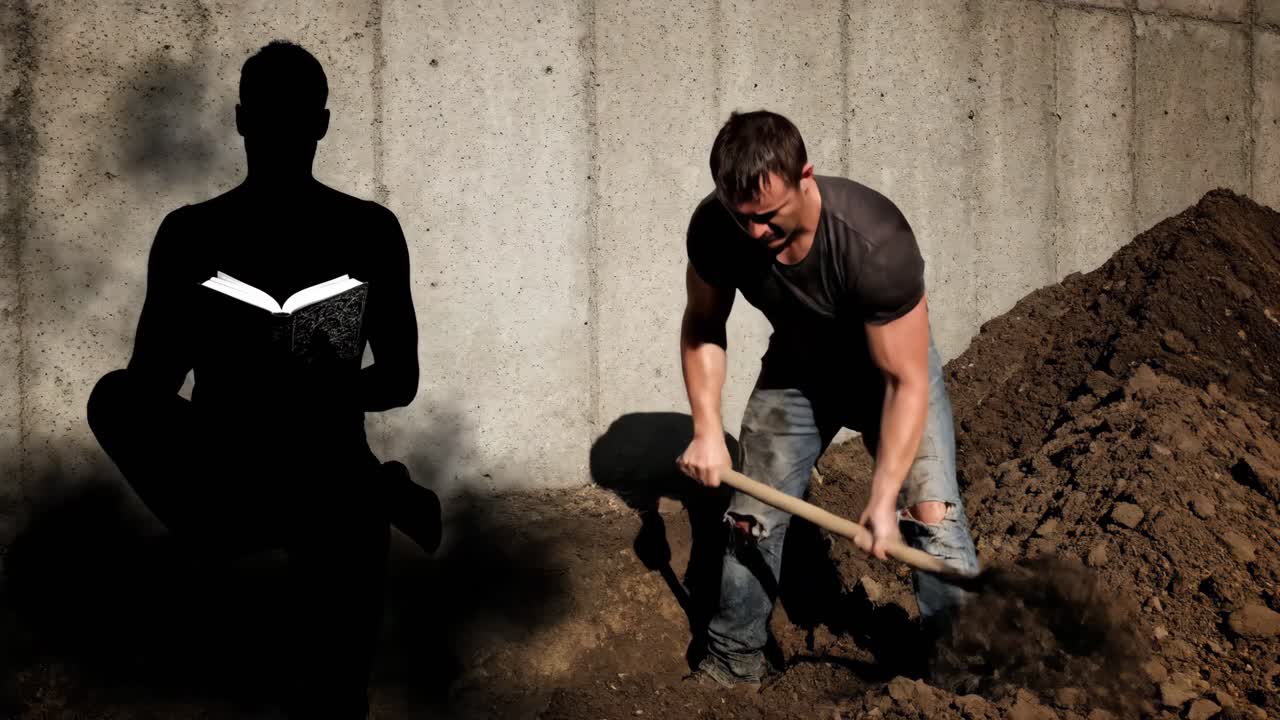 Man digging while a shadow figure reads a book