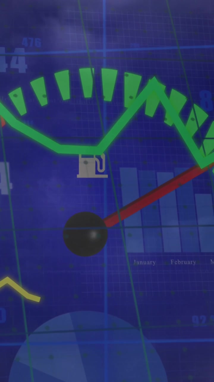 Animation of speedometer and statistical data processing against dark clouds in the sky