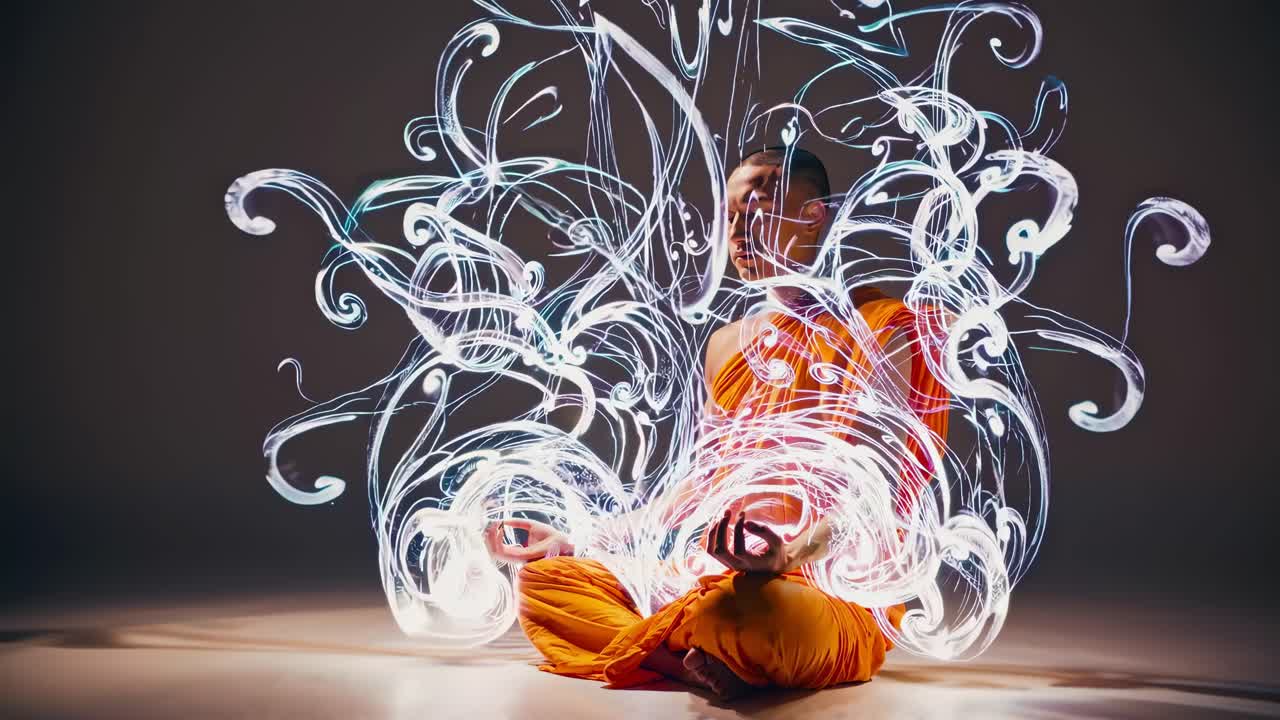 A monk in orange robes meditates, surrounded by swirling light trails