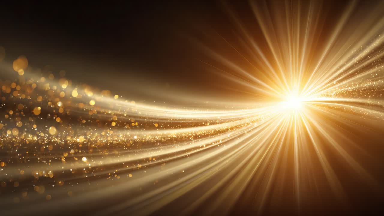 Una straordinaria esplorazione di luce e movimento mentre particelle dorate danzano nello spazio, creando uno spettacolo abbagliante di colore ed energia in due accattivanti fotogrammi.