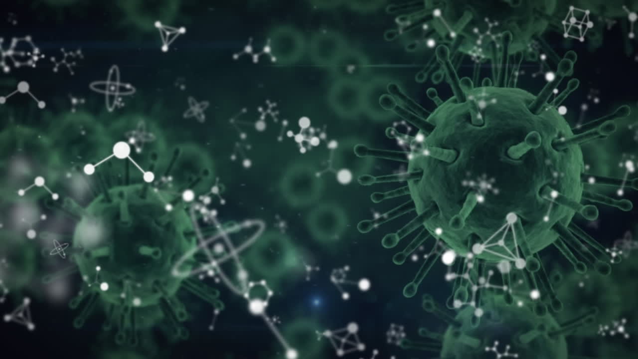 estructuras moleculares flotando sobre células verdes de covid-19 moviéndose contra un fondo negro