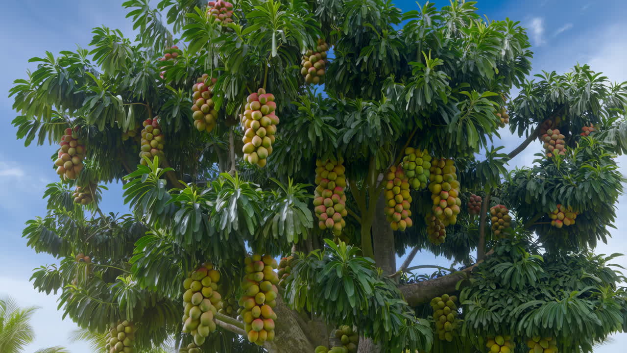 Tree with clusters of ripening tropical fruits