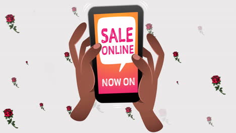 animation of sale online now on text on smartphone over flowers moving in hypnotic motion