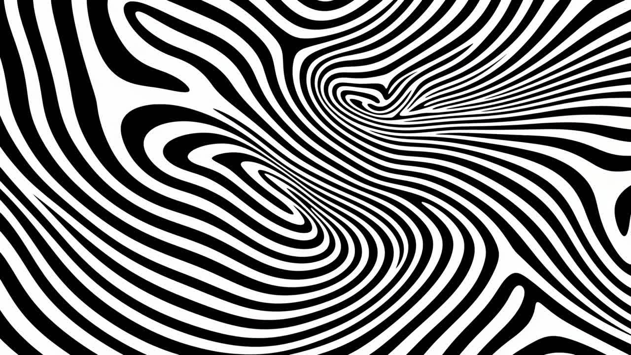 Vista dall'alto di un'illusione ottica in bianco e nero con linee vorticose, che creano un effetto dinamico e ipnotico