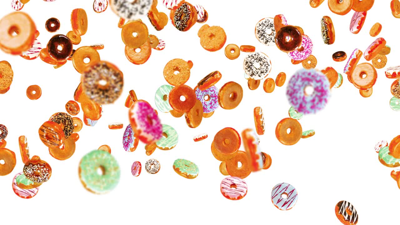 색 배경에 많은 다채로운 도을 날아. 도 케이크, 과자, 디저트. 도 회전의 3d 애니메이션. 루프 애니메이션.