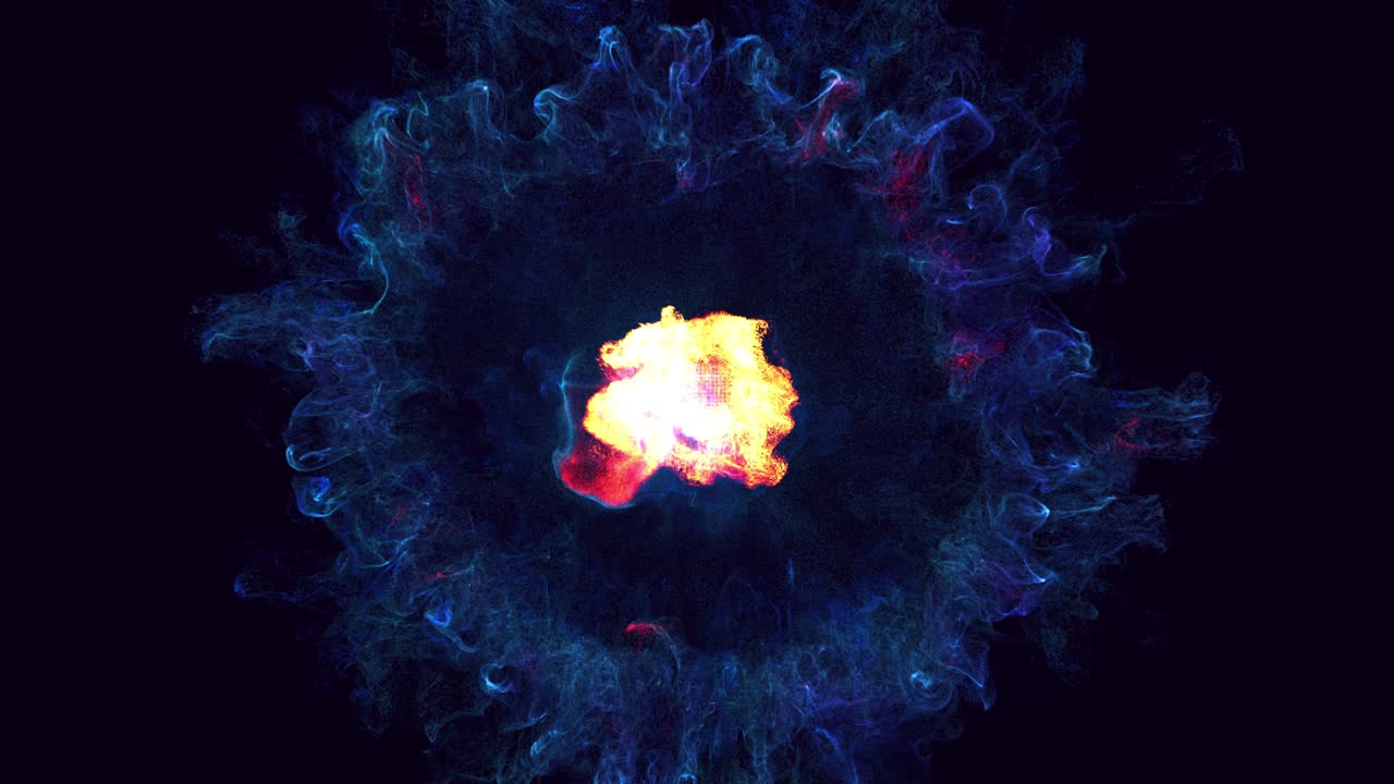 onda de choque. colorido hermoso bg con partículas mágicas lambent. partículas de brillo se extienden como efecto de tinta. luma mate como canal alfa. el emisor emite remolino de partículas de brilla que forman la estructura de la nube de tinta.