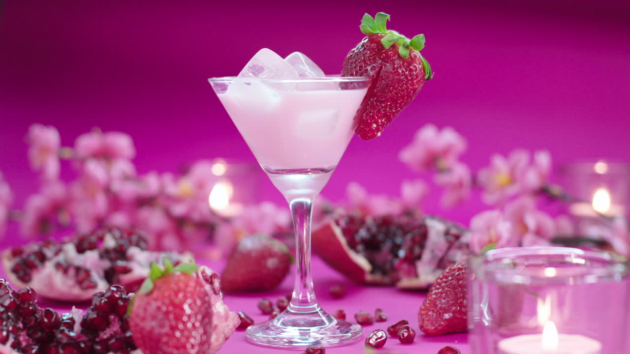 composición de video colorida y vibrante de un vaso de martini con un batido de fresa, rodeado de fresas frescas, granadas y velas