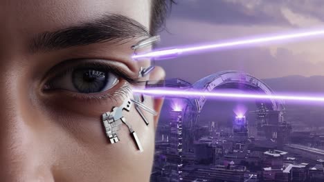 cybernetic eye projecting lasers into a futuristic city