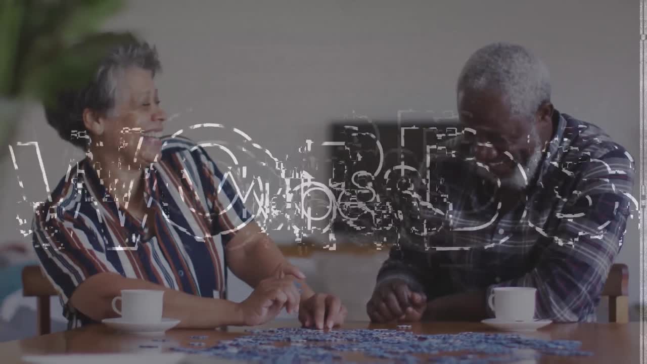 Vibes text over glitch effect against african american senior couple smiling while playing puzzle