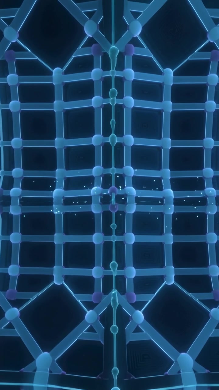 Vertical video: Pulling back camera showing lattice in portrait, revealing grid with cyan beams