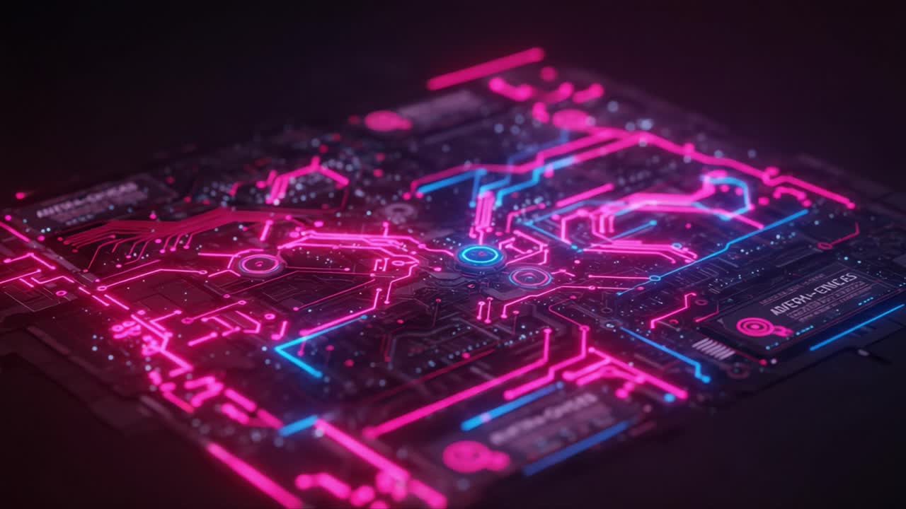 Futuristic Digital Circuit Board Design Featuring Vibrant Neon Colors, Displaying Complex Patterns and Details in a High-Tech Aesthetic