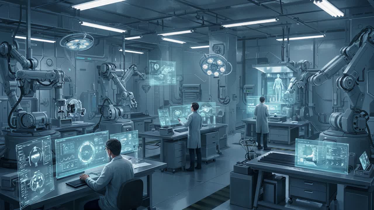 Advanced Robotics Laboratory: A Glimpse into the Future of Healthcare Technology with Automated Systems and Interactive Interfaces in a Modern Medical Environment