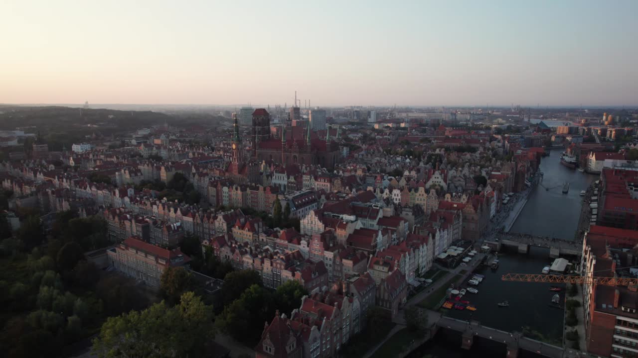 Aerial View of Gdansk Old Town at Sunset