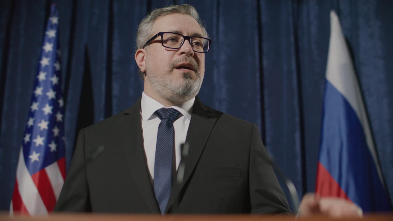 Confident Politician Speaking at Podium during International Press Event