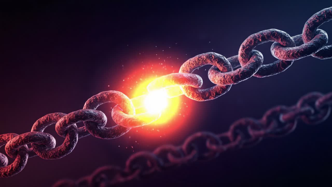 A Symbolic Representation of Breaking Chains Highlighting the Moment of Transformation and Release from Constraints in a Stunning Visual Display of Motion and Energy