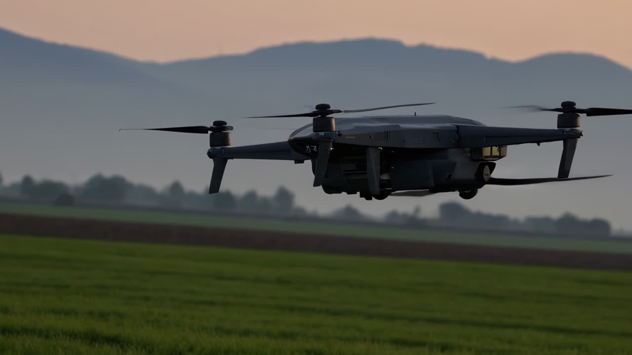 Drone Flying Over a Field at Sunrise/Sunset