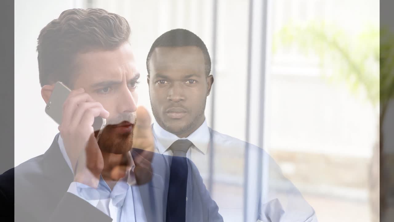 아프리카계 미국인 사업가에게 전화를 걸고 있는 백인 남자의 애니메이션
