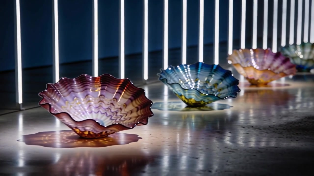 Panning camera moving along glass scallop bowls on shiny floor, revealing LED bars and spot glow
