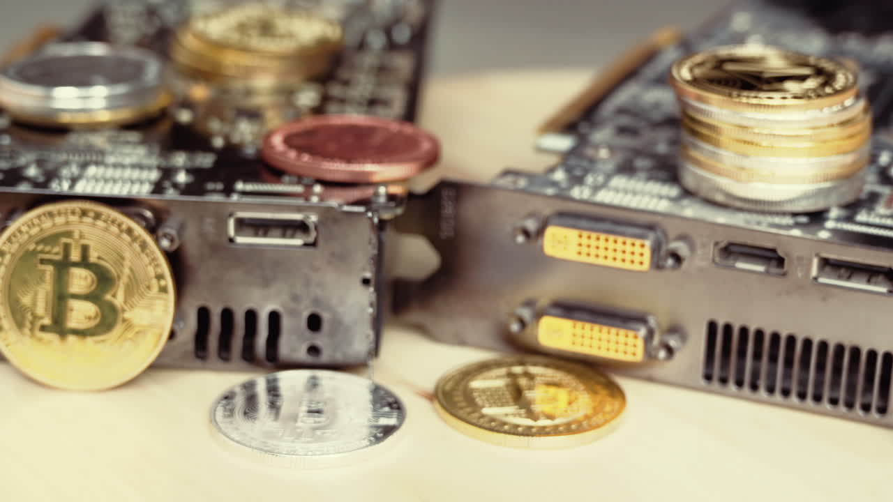 Composition with golden and silver bitcoin crypto money, dollars and computer graphic mining cards