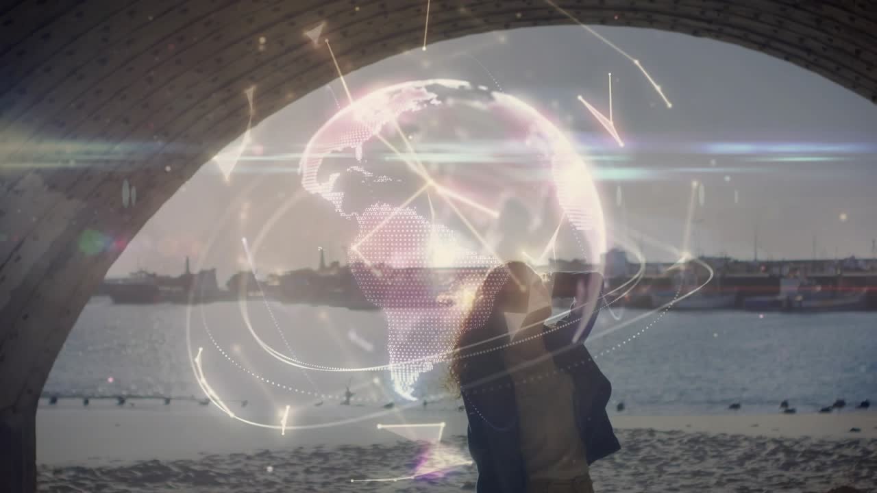 Woman tilting head brushing hair under brick arch while glowing nodes forming 3D globe showing tech