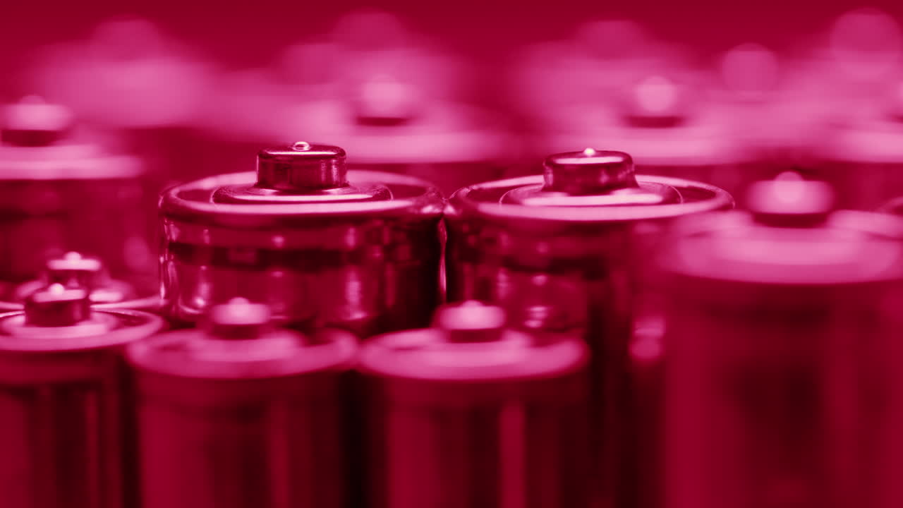 Silver batteries AA and AAA in neon light close-up. Double-A battery is a standard size single cell cylindrical dry battery. Batteries are common in portable electronic devices. An AA battery is composed of a single electrochemical cell that may be either a primary battery or a rechargeable battery.