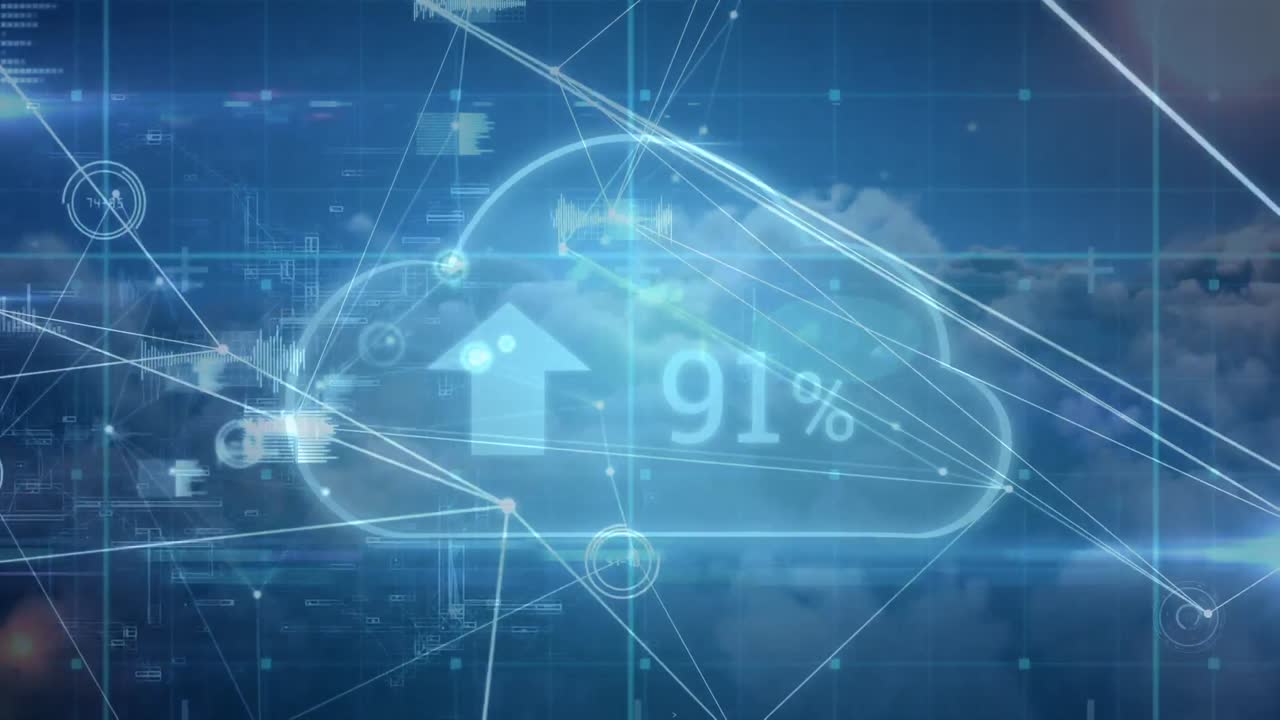 다양한 데이터와 클라우드와의 연결 네트워크의 애니메이션과 구름이 가득한 하늘에서 업로드