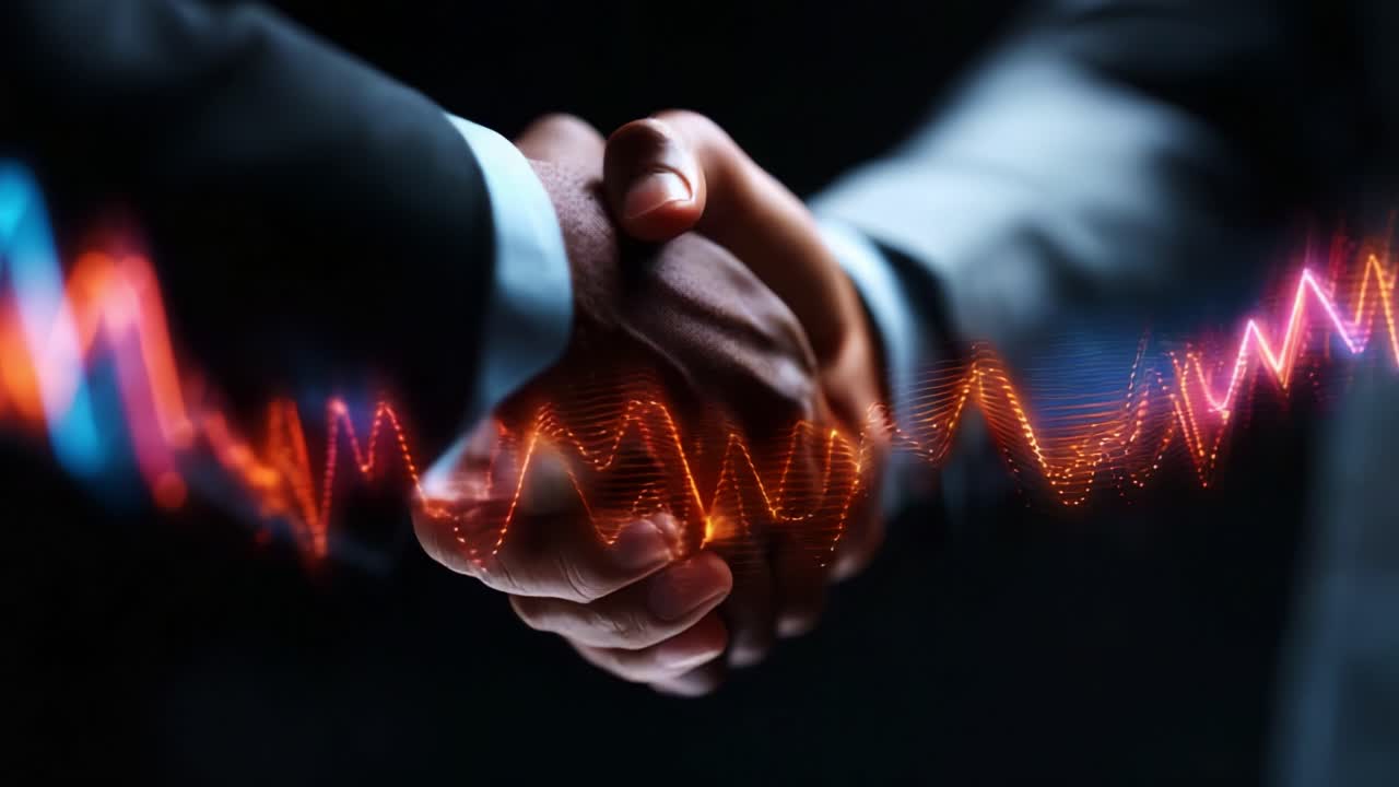 A Dynamic Partnership: Two Individuals Engaging in a Meaningful Handshake Amidst a Vibrant Background of Colorful Waves Symbolizing Collaboration and Growth
