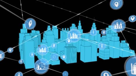 animation of network of connections with icons over 3d city drawing