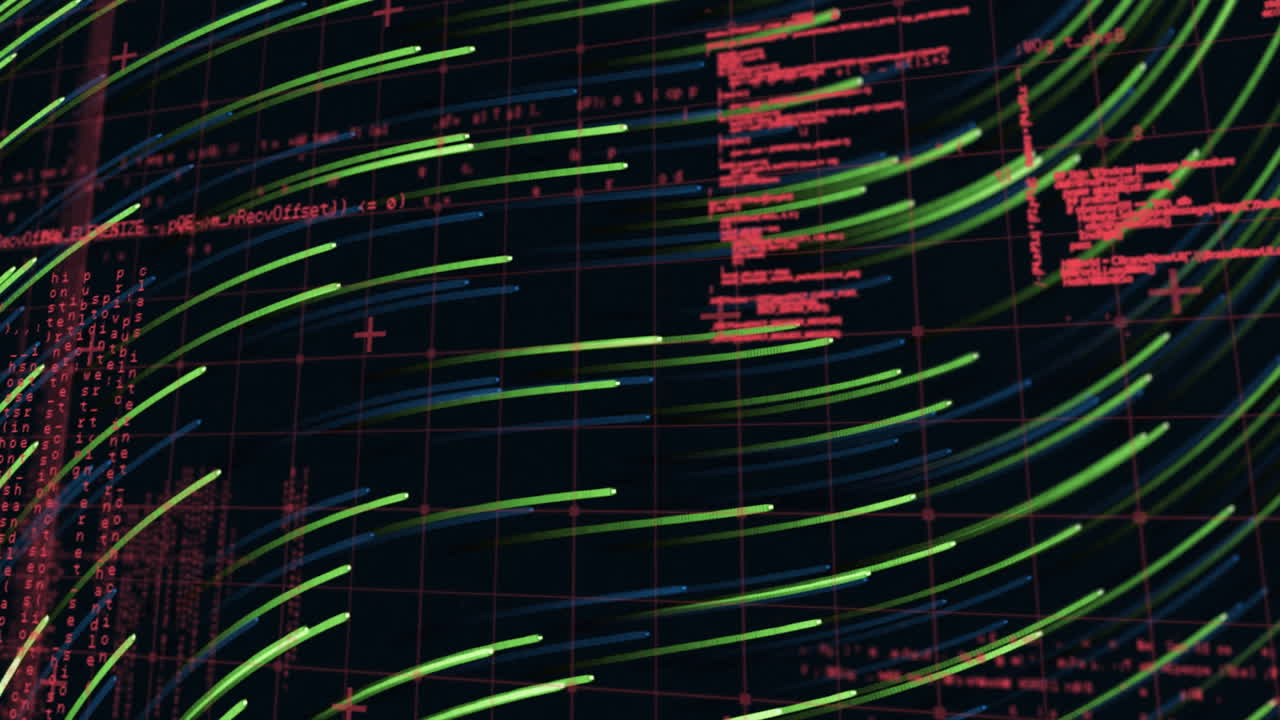 Intertwined neon-green and blue light trails flowing across dark space, animated illustration