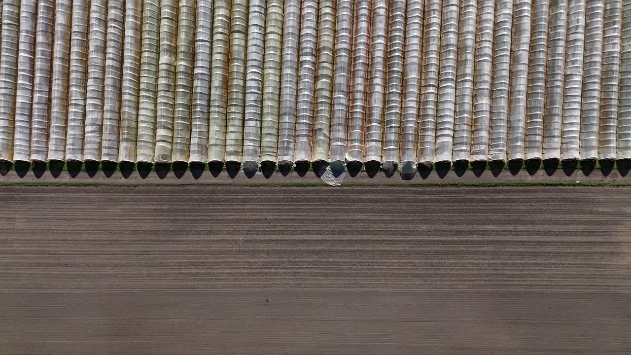 los pájaros drones observan un gran campo de invernaderos durante un día soleado