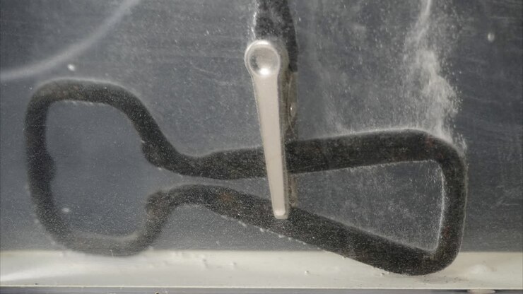 Rusted bottle opener is cleaned by electrolysis in time-lapse motion