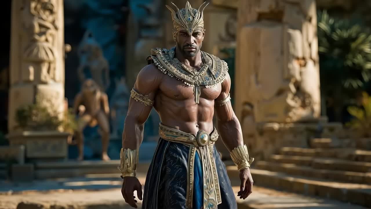 A man dressed as an ancient egyptian pharaoh standing in front of a temple