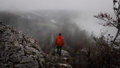 Back-of-male-hiker-standing-on-cliff-edge,-raising-arms