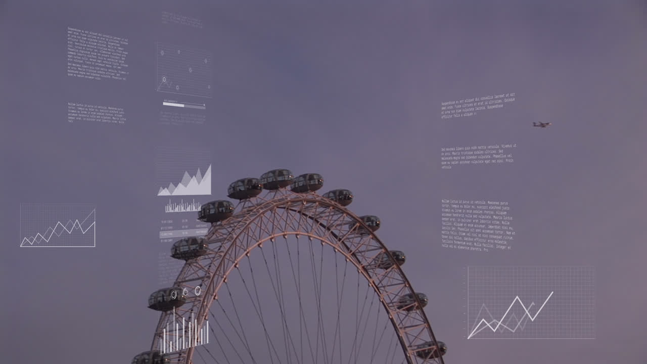 런던 시내 풍경 위의 데이터 처리 애니메이션