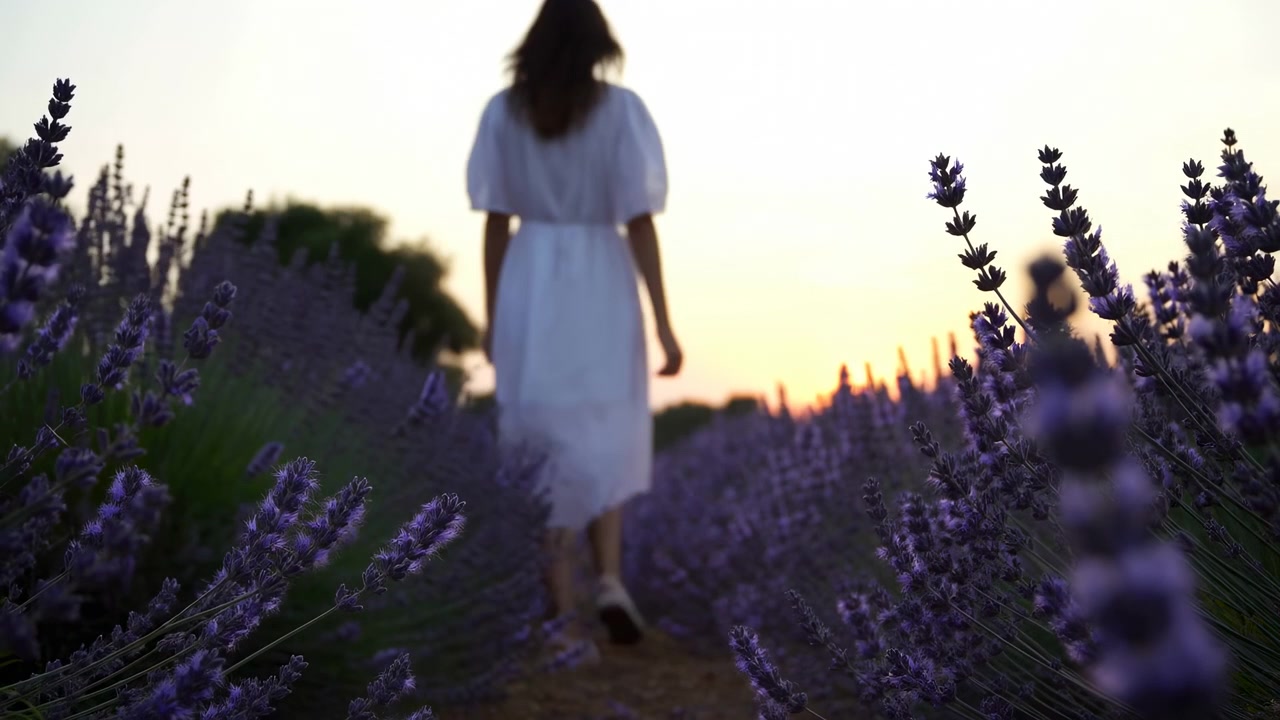 Donna vista da dietro che cammina lungo un sentiero sterrato attraverso fitte file di lavanda al tramonto, l'orlo del vestito che svolazza accanto a un leggero ondeggiare del braccio, con una calda retroilluminazione e una tranquilla atmosfera di campagna.